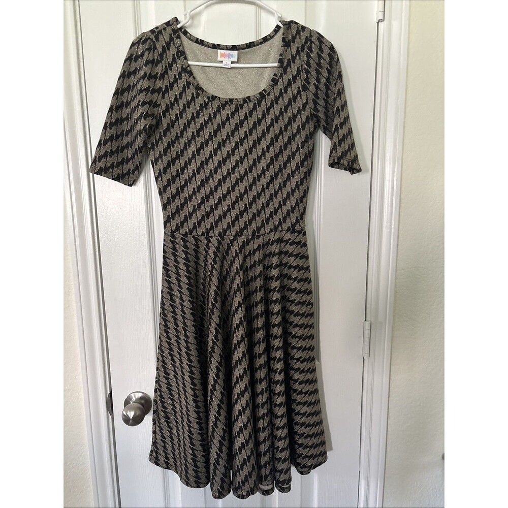 LuLaRoe Women's Size Large Textured Floral A-Line Dress Black Gold